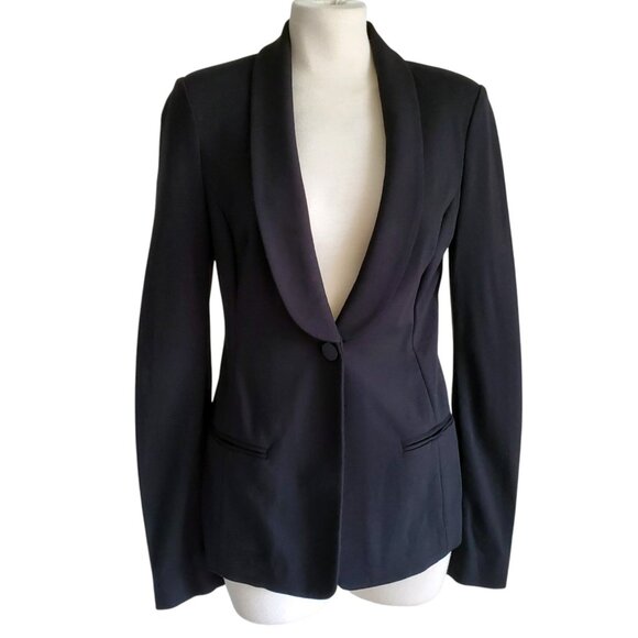 7 For All Mankind Stretchy Tuxedo Style Deep V-Neck Black Knit Blazer S - Picture 1 of 16